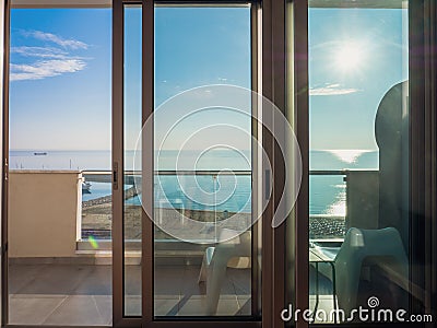 Beautiful balcony marine view over the mediterranean beach in Larnaca Stock Photo