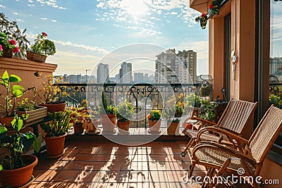 Beautiful balcony or terrace with chairs, natural material decorations and green potted flowers plants Stock Photo