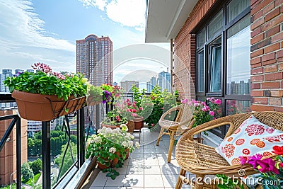 Beautiful balcony or terrace with chairs, natural material decorations and green potted flowers plants Stock Photo
