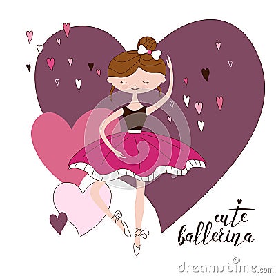 Beautiful ballerina in classical tutu. Hand drawn illustration of cute girl in pink dress. Pretty dancer. Cartoon vector Vector Illustration