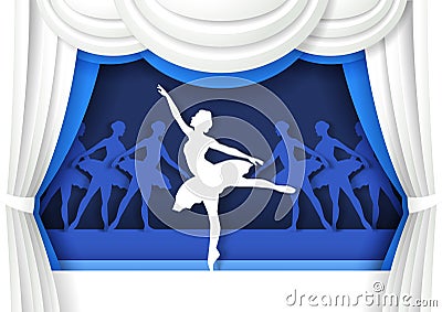 Beautiful ballerina dancing on stage. Vector illustration in paper art craft style. Classic ballet dancer performance. Vector Illustration