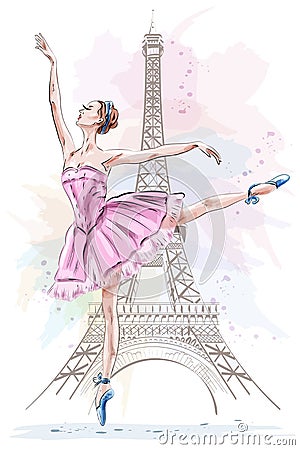 Beautiful ballerina posing and dancing on eiffel tower background. Hand drawn girl. Ballet dancer. Sketch. Vector Illustration