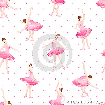 Beautiful ballerinas dance on polka dot background seamless vector pattern Vector Illustration