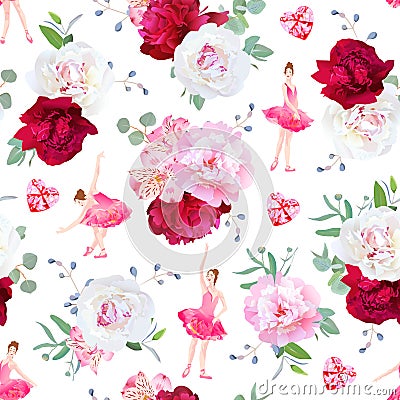 Beautiful ballerinas dance, red heart diamonds and fresh peony bouquets seamless vector pattern Vector Illustration