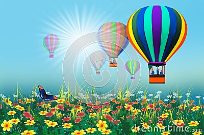 Beautiful balloons fly over flower field with butterfly Stock Photo