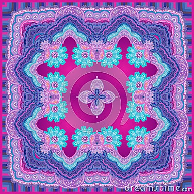 Beautiful bandana print in blue, pink and lilac tones with mandalas - flowers and luxury ornamental frame in ethnic style. Vector Illustration