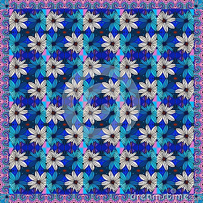 Beautiful bandana print with daisies. Silk neck scarf or kerchief square pattern. Vector Illustration