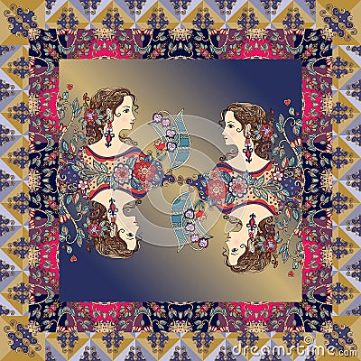 Beautiful bandana print with female portraits in ornamental frame Stock Photo