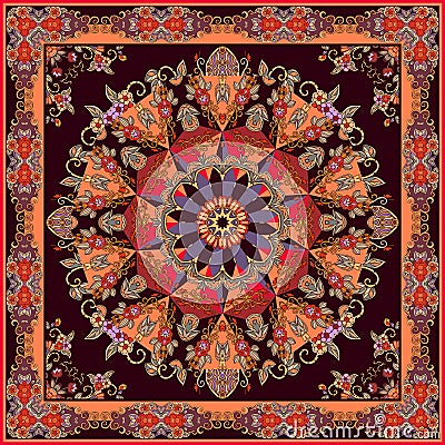 Beautiful bandana print with ornamental frame and mandala flower. Indian, arabian, turkish motifs Vector Illustration