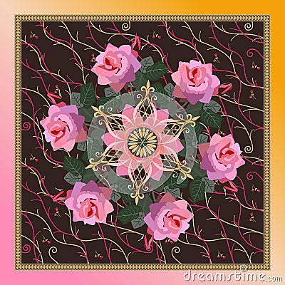Beautiful bandana print with wreath of pink rose flowers, golden snowflake mandala and decorative frame in vector Vector Illustration