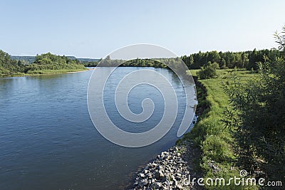 Beautiful banks of a quiet river, summer day Stock Photo