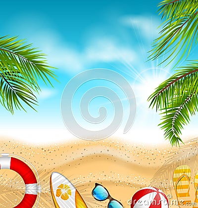 Beautiful Banner with Palm Leaves, Beach Ball, Flip-flops, Surf Board Vector Illustration