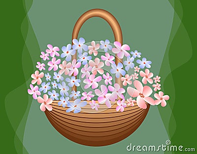 Beautiful basket with cute blue and pink flowers on green background, greeting decoration, birthday party, Vector Illustration