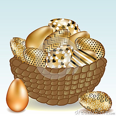 Beautiful basket with Easter eggs on the grass. Beautiful lettering Happy Easter Stock Photo