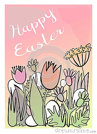 Beautiful basket with Easter eggs on the grass. Vector illustration. Beautiful lettering Happy Easter Vector Illustration