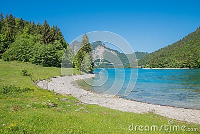 Beautiful bathing beach lake Walchensee, green forest and Herzogstand mountain view Stock Photo