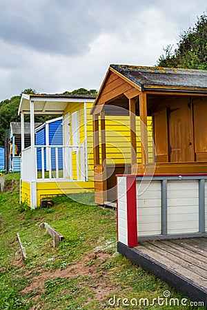 Beautiful Bathing houses on the British beach in Scotland, UK Stock Photo