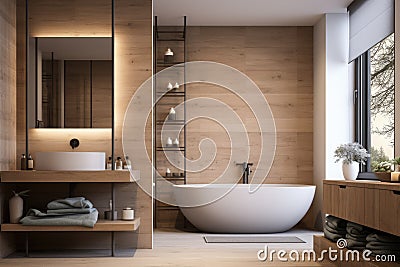 A beautiful bathroom with a generously sized white bathtub located adjacent to a sink., Modern farhmouse decor bathroom with wood Stock Photo