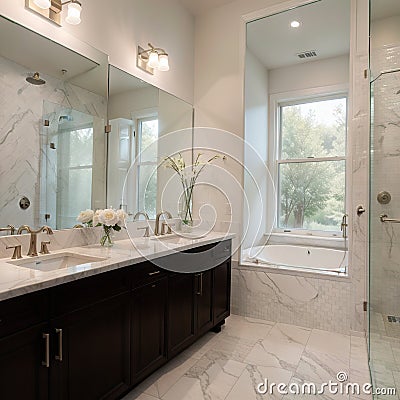 Beautiful bathroom in luxury home with double vanity bathtub and shower Features herringbone tile on floor and marble tile on Stock Photo