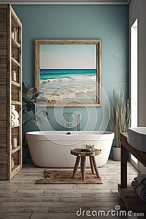 Beautiful bathroom, Scandinavian style with floor plants and decorations. Generative Ai Stock Photo