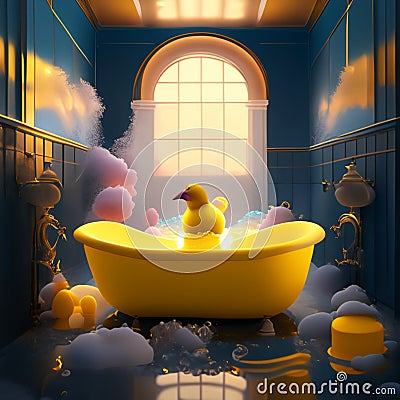 a beautiful bathtub overflowing foam in a tiled bathroom Cartoon Illustration