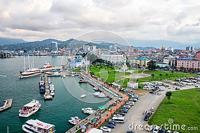 Beautiful Batumi, Georgian resort city and port at Black Sea panoramic view of city centre from sea in golden summer Editorial Stock Photo