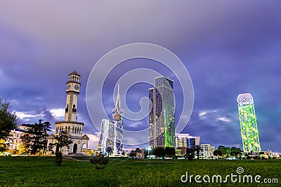 Beautiful Batumi, Georgian resort city and port at Black Sea panoramic view of city centre from sea in golden summer Stock Photo