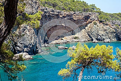 Beautiful bay in Antalya, Turkey. Phaselis Bay in Antalya Turkey Mediterranean Sea Stock Photo