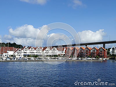 Beautiful bay with boats and houses in Stavanger, Norway. View Editorial Stock Photo