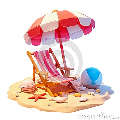 Beautiful beach chaise longue and umbrella on the background of shells and sand. The concept of leisure and summer Stock Photo