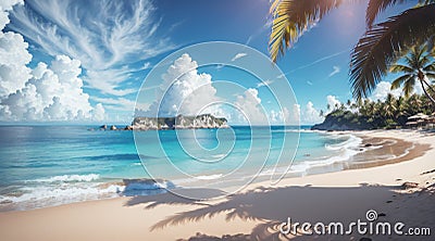Beautiful beach and coconut trees with a captivating island rises from the sparkling azure waters, all under the vast expanse of a Stock Photo