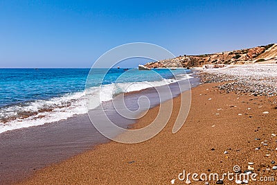 Beautiful beach on Petra tou Romiou (The rock of the Greek), Aphrodite's legendary birthplace in Paphos, Cyprus island, Stock Photo