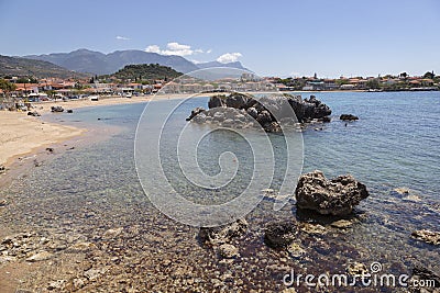 Beautiful beach of Stoupa in greece on sunny day in spring on pe Stock Photo