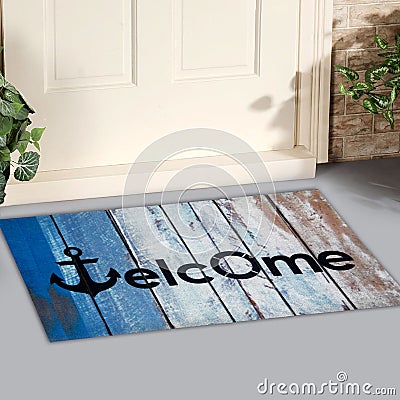 Beautiful beach theme multicolor Outdoor Doormat with `Stylish Welcome` text outside home Stock Photo