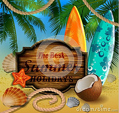 Beautiful beach view with wooden board Vector Illustration