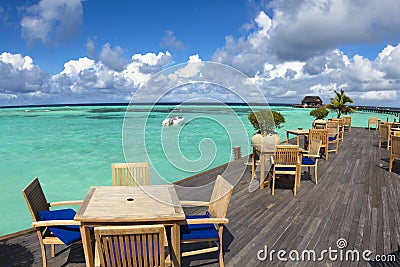 Beautiful beach ,yacht and water villa.maldives Stock Photo