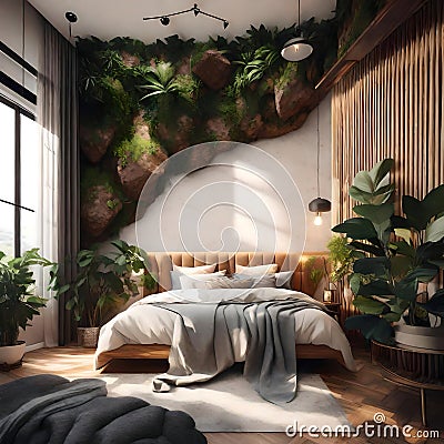 Beautiful bedroom with plants on the wall - ai generated image Stock Photo