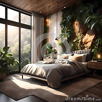 Beautiful bedroom with plants on the wall - ai generated image Stock Photo