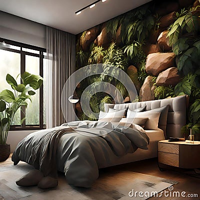 Beautiful bedroom with plants on the wall - ai generated image Stock Photo