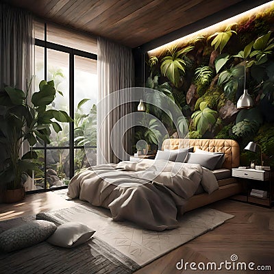 Beautiful bedroom with plants on the wall - ai generated image Stock Photo