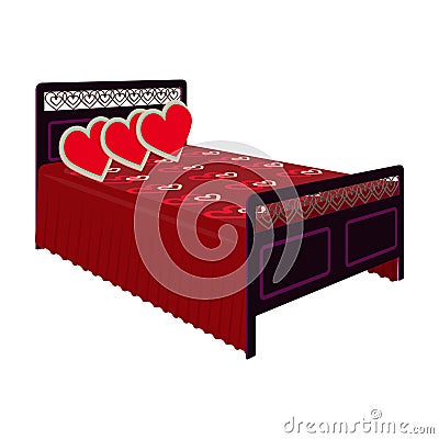 Beautiful bedroom with a wrought iron back.bed with red blanket and pillows in the shape of a heart.Bed single icon Vector Illustration