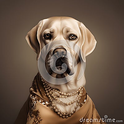 Beautiful beige labrador with jewelry on the neck, beads and necklace, elegant dog on a yellow background Stock Photo