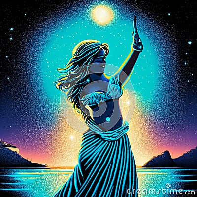 Beautiful belly dancer in the starry night. Vector illustration. generative AI Cartoon Illustration
