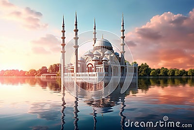 Beautiful Big Mosque Worship Place Islamic Muslim Religion with Pond Lake at Afternoon Stock Photo