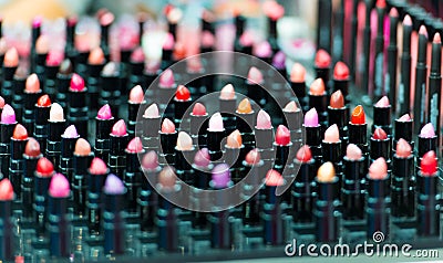 Beautiful big multicolor professional makeup set of many different colorful lipsticks Editorial Stock Photo