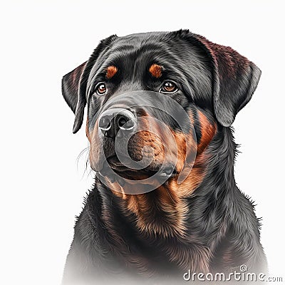 Beautiful big rottweiler breed dog portrait isolated on white close-up, Stock Photo