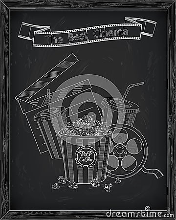 Beautiful big striped carton box full of delicious & fresh popcorn, carton cup with drinking straw, reel of film with inscription Vector Illustration