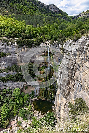 Beautiful big waterfall in Spain in Catalonia, near the small village Rupit. Salt de Sallent Stock Photo