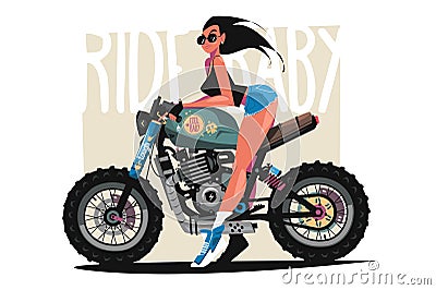 Beautiful biker girl riding motorbike Vector Illustration