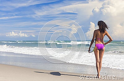 Beautiful Bikini Woman Girl Surfer & Surfboard Beach Stock Photo